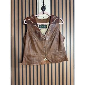 OVERLAND Womens Brown Genuine‎ Leather Western Cowboy Vest With Laser Cut Detail